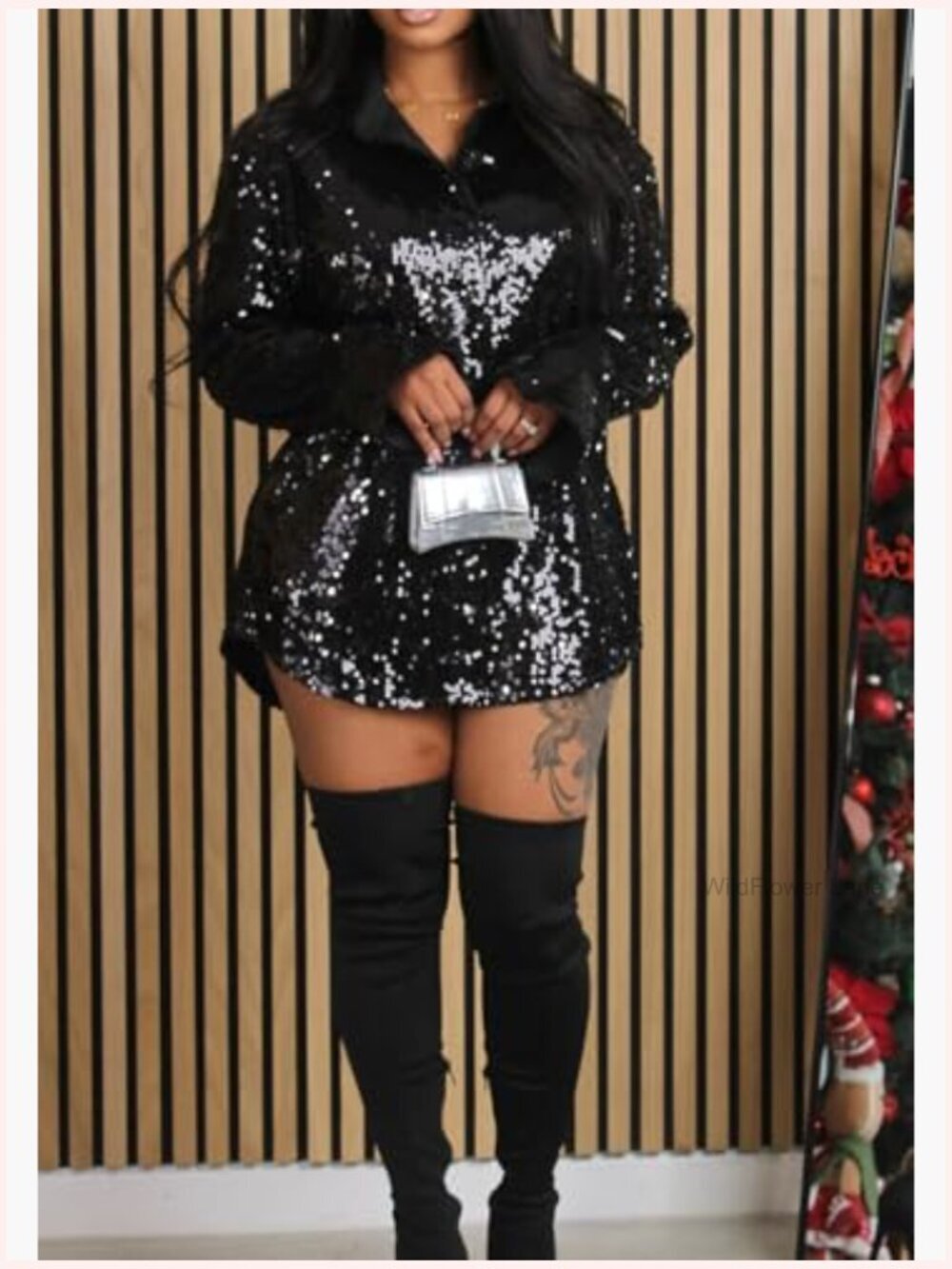 Sequin Button Down Shirt Dress Long Sleeve Sparkly Glitter Blouse Mini Dress - Picture 3 of 6